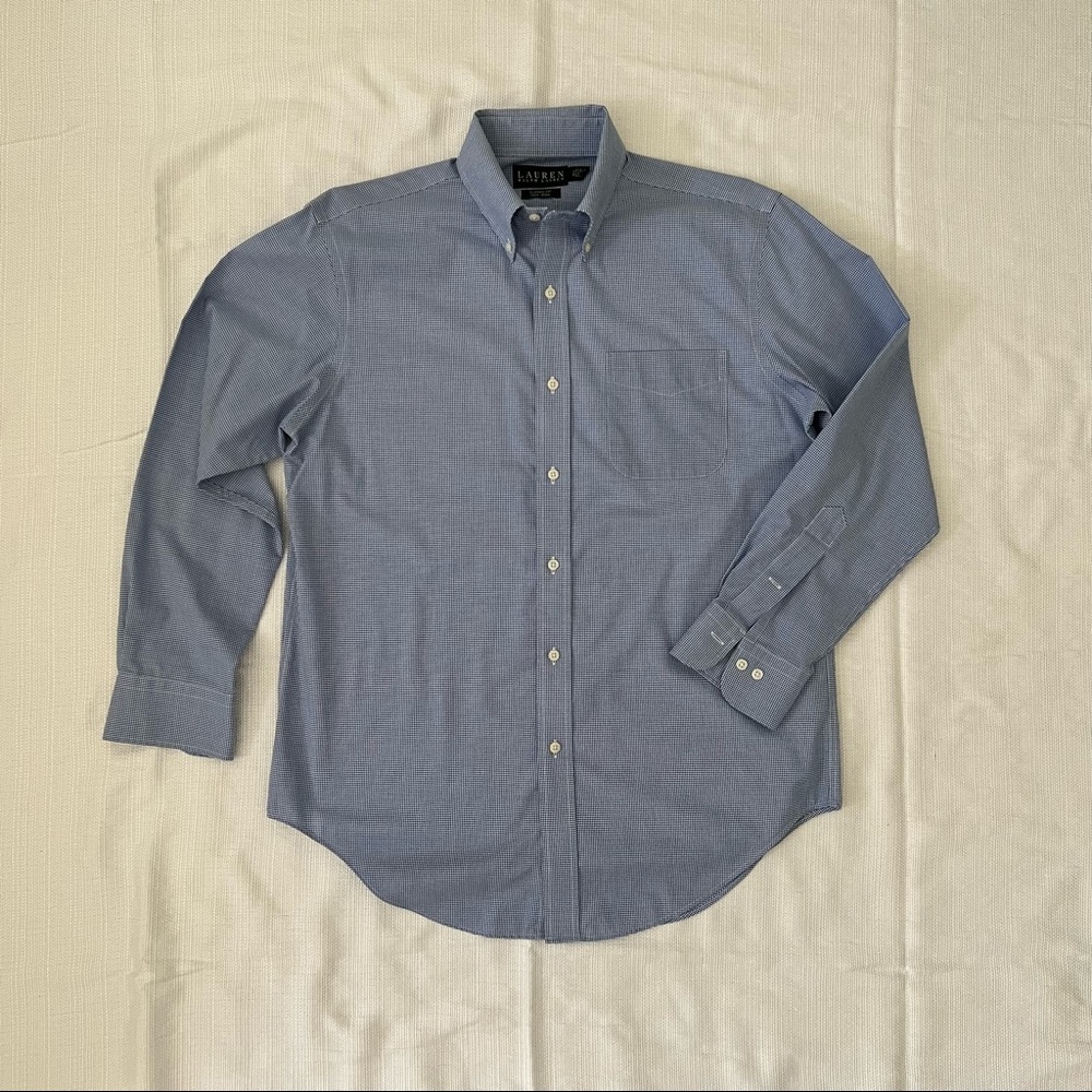 Ralph Lauren Navy Check Button Down Collared Dress Shirt, 15 1/2, Non Iron